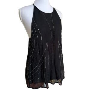 Chan Luu Black Beaded Sheer Tank Top XS Silk Blend Boho Festival Sleeveless